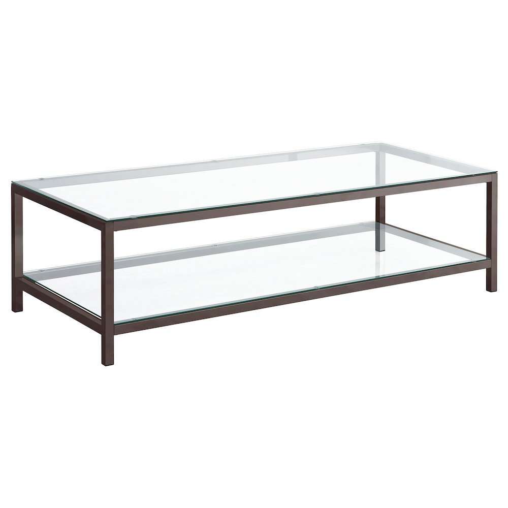 Contemporary Coffee Table, Black Nickel Finish, Tempered Glass Shelf