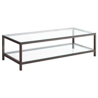 Contemporary Coffee Table, Black Nickel Finish, Tempered Glass Shelf