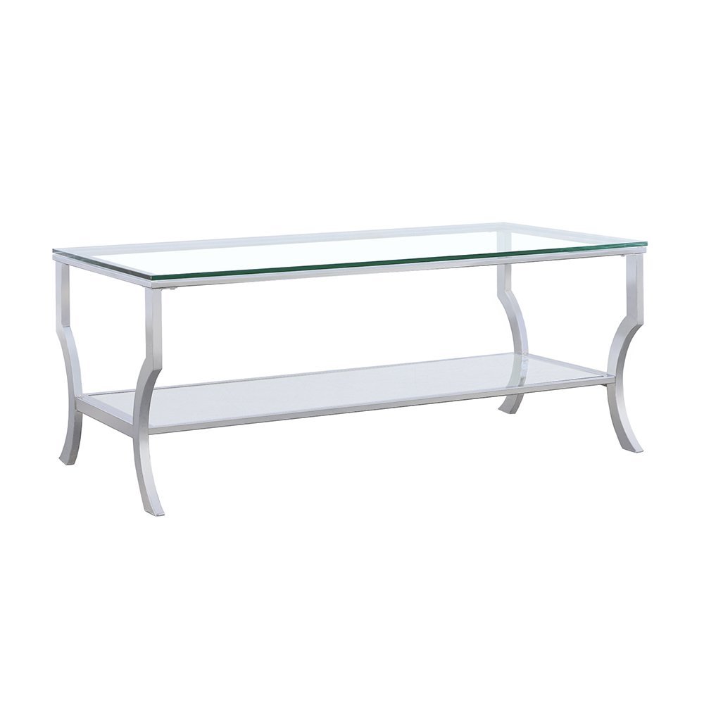 Coffee Table, Glass Top, Chrome Metal, Mirrored Shelf