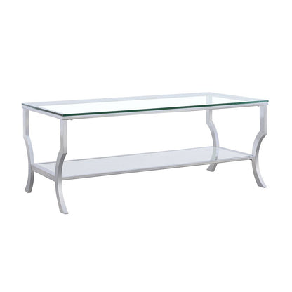 Coffee Table, Glass Top, Chrome Metal, Mirrored Shelf