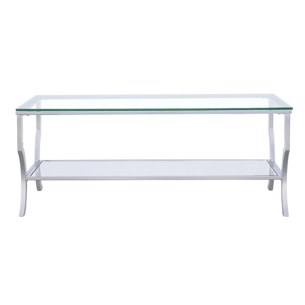 Coffee Table, Glass Top, Chrome Metal, Mirrored Shelf