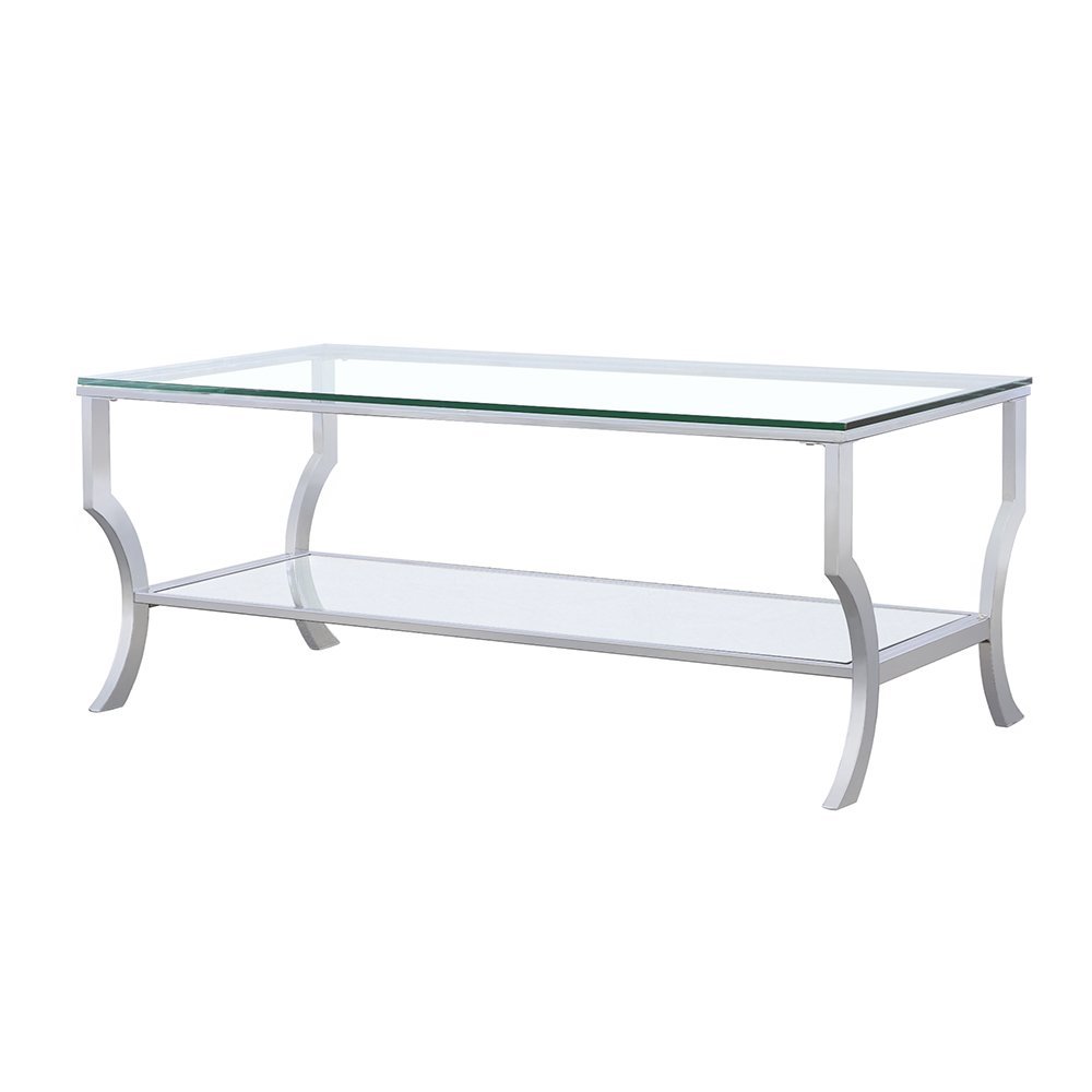 Coffee Table, Glass Top, Chrome Metal, Mirrored Shelf