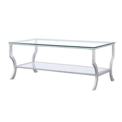 Coffee Table, Glass Top, Chrome Metal, Mirrored Shelf