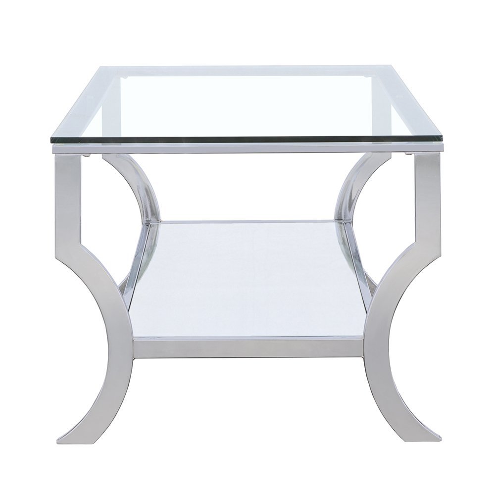 Coffee Table, Glass Top, Chrome Metal, Mirrored Shelf