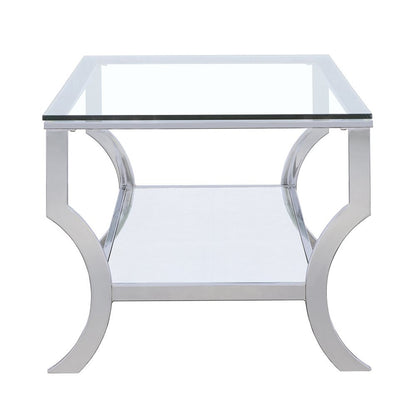 Coffee Table, Glass Top, Chrome Metal, Mirrored Shelf