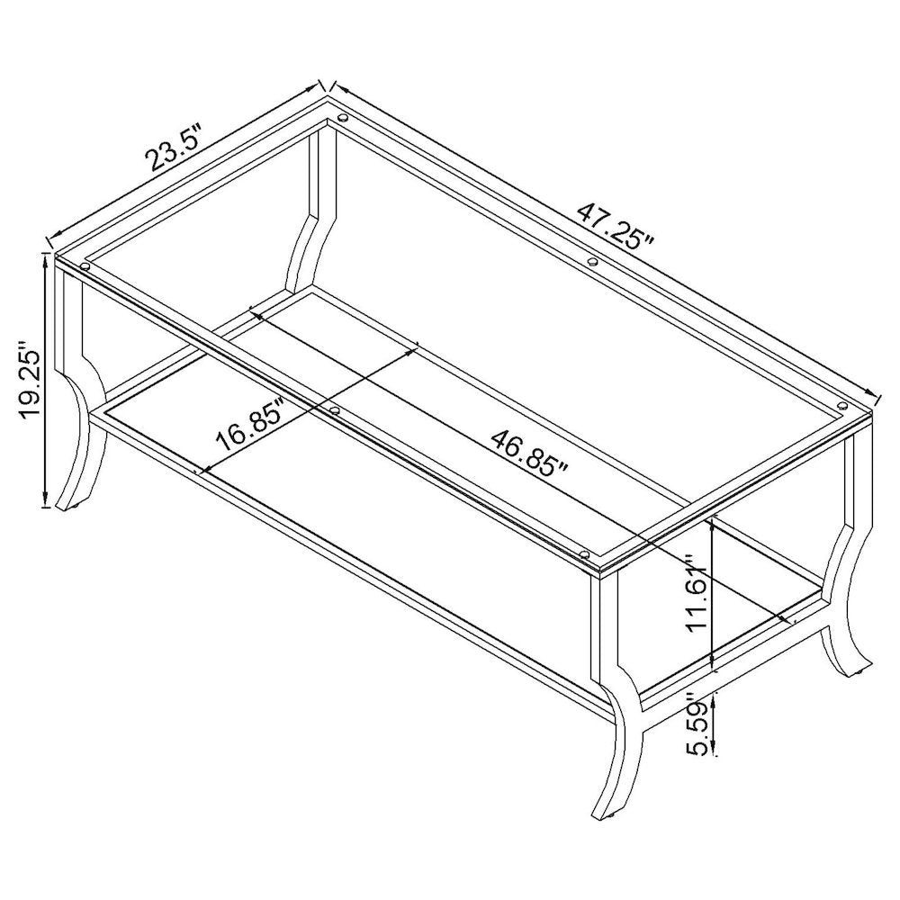 Coffee Table, Glass Top, Chrome Metal, Mirrored Shelf