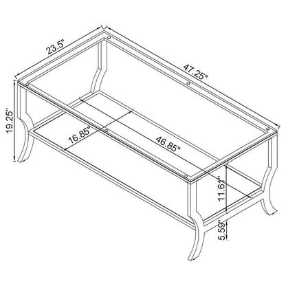 Coffee Table, Glass Top, Chrome Metal, Mirrored Shelf