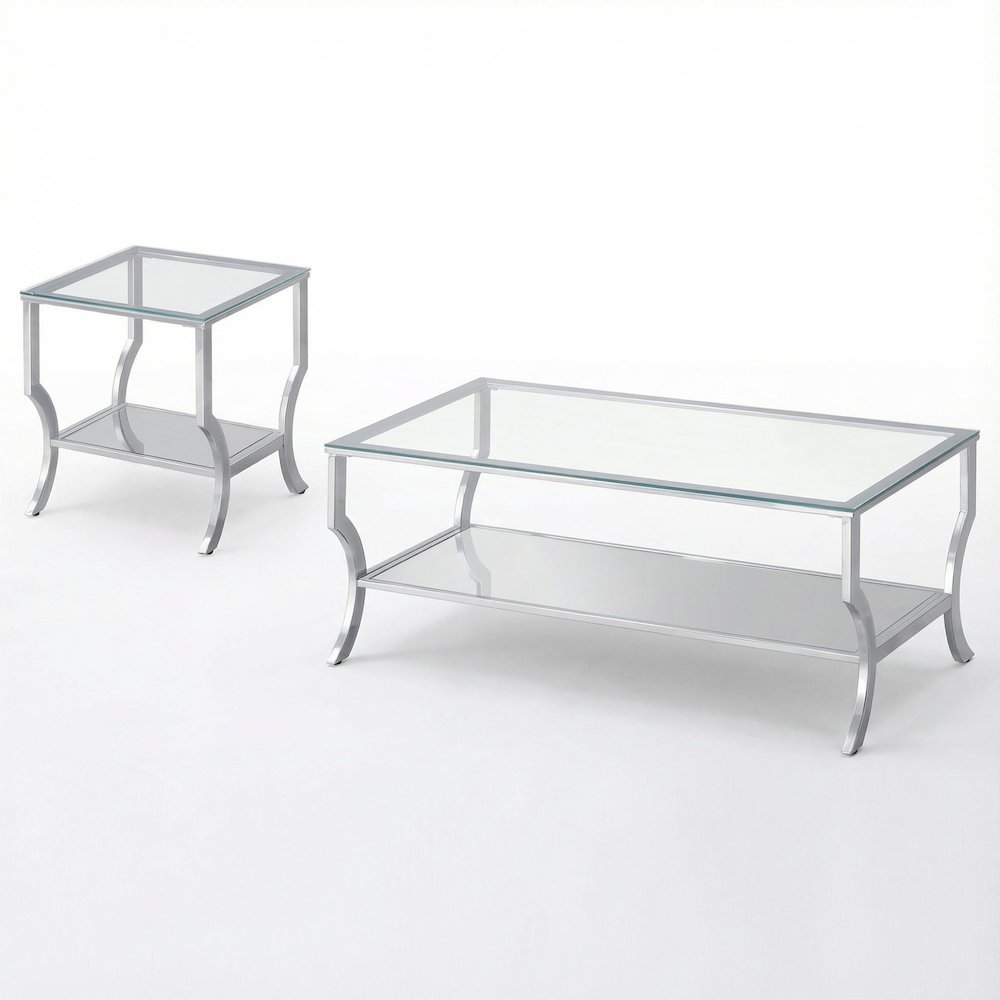 Glass Top Coffee and End Table Set Chrome, Levelers, Rectangular Modern Design