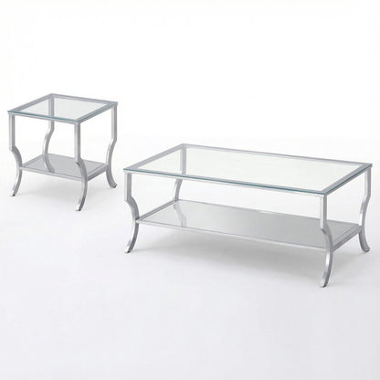 Glass Top Coffee and End Table Set Chrome, Levelers, Rectangular Modern Design