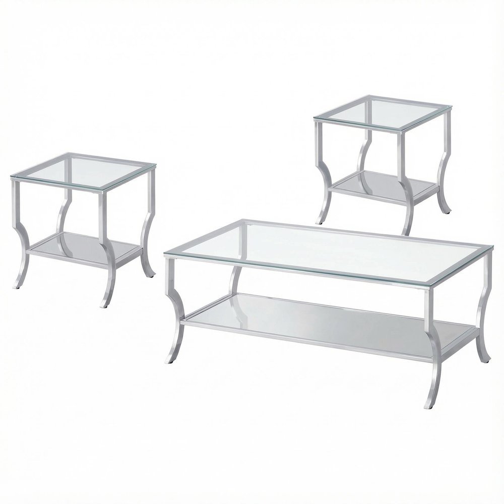 Chrome 3-Piece Glass Top Coffee and End Table Set with Levelers