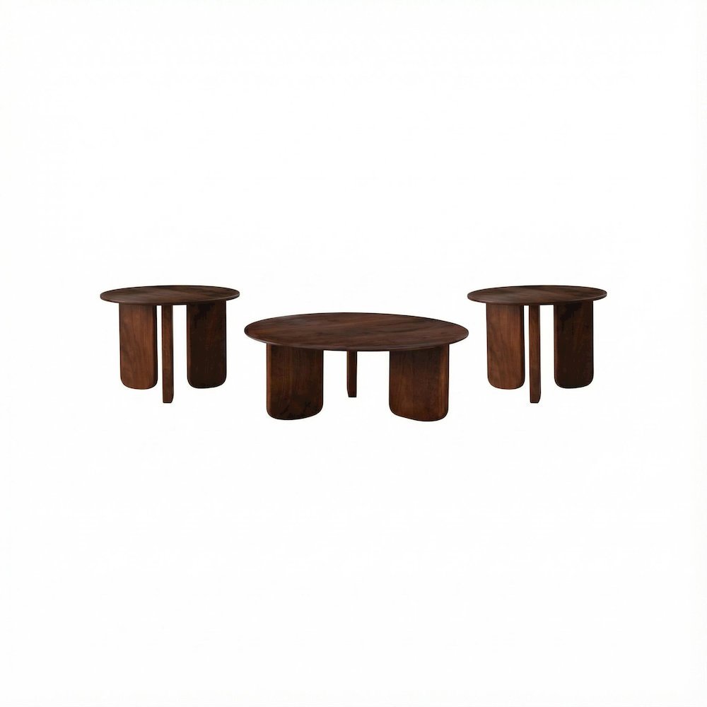 3-Piece Solid Wood Round Coffee and End Table Set Mid-Century Modern Design