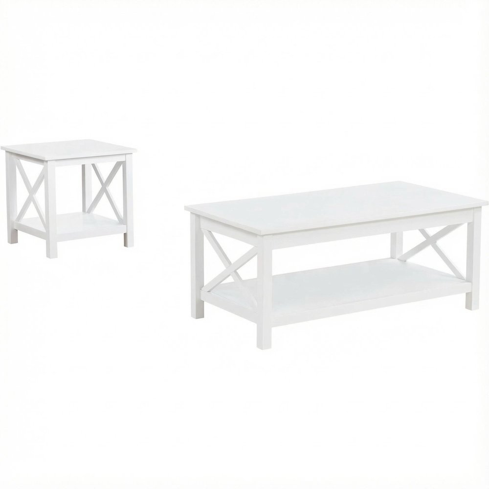White 2-Piece Rectangular Lift Top Coffee Table Set with Coastal Style