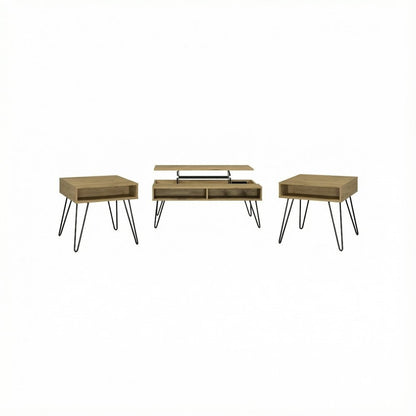 Golden Oak 3-Piece Lift Top Coffee and End Table Set with Rustic Design
