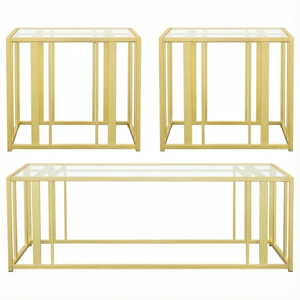 Matte Brass 3-Piece Living Room Table Set with Rectangular Coffee and End Tables