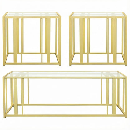 Matte Brass 3-Piece Living Room Table Set with Rectangular Coffee and End Tables