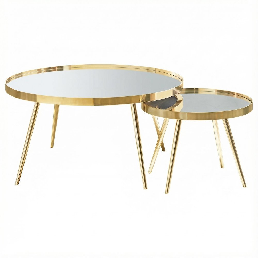 Gold Round Nesting Coffee Tables, Mirror Tops, 2-Piece Set, Contemporary Design