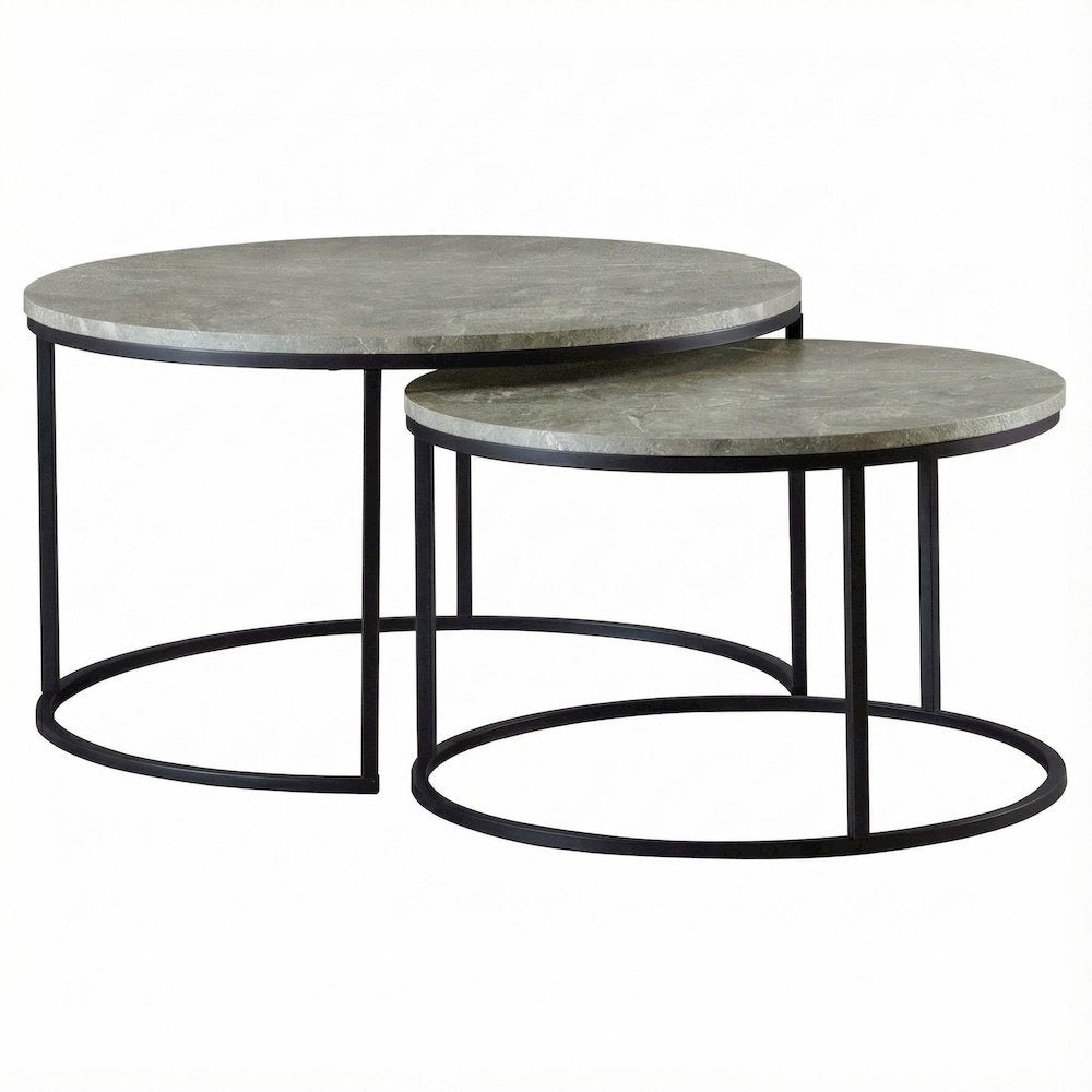 Round Grey Nesting Coffee Tables 2-Piece Set with Faux Marble Tops