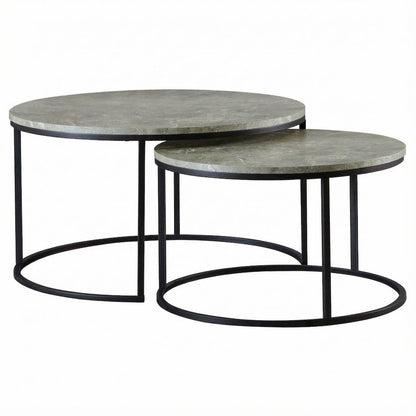 Round Grey Nesting Coffee Tables 2-Piece Set with Faux Marble Tops