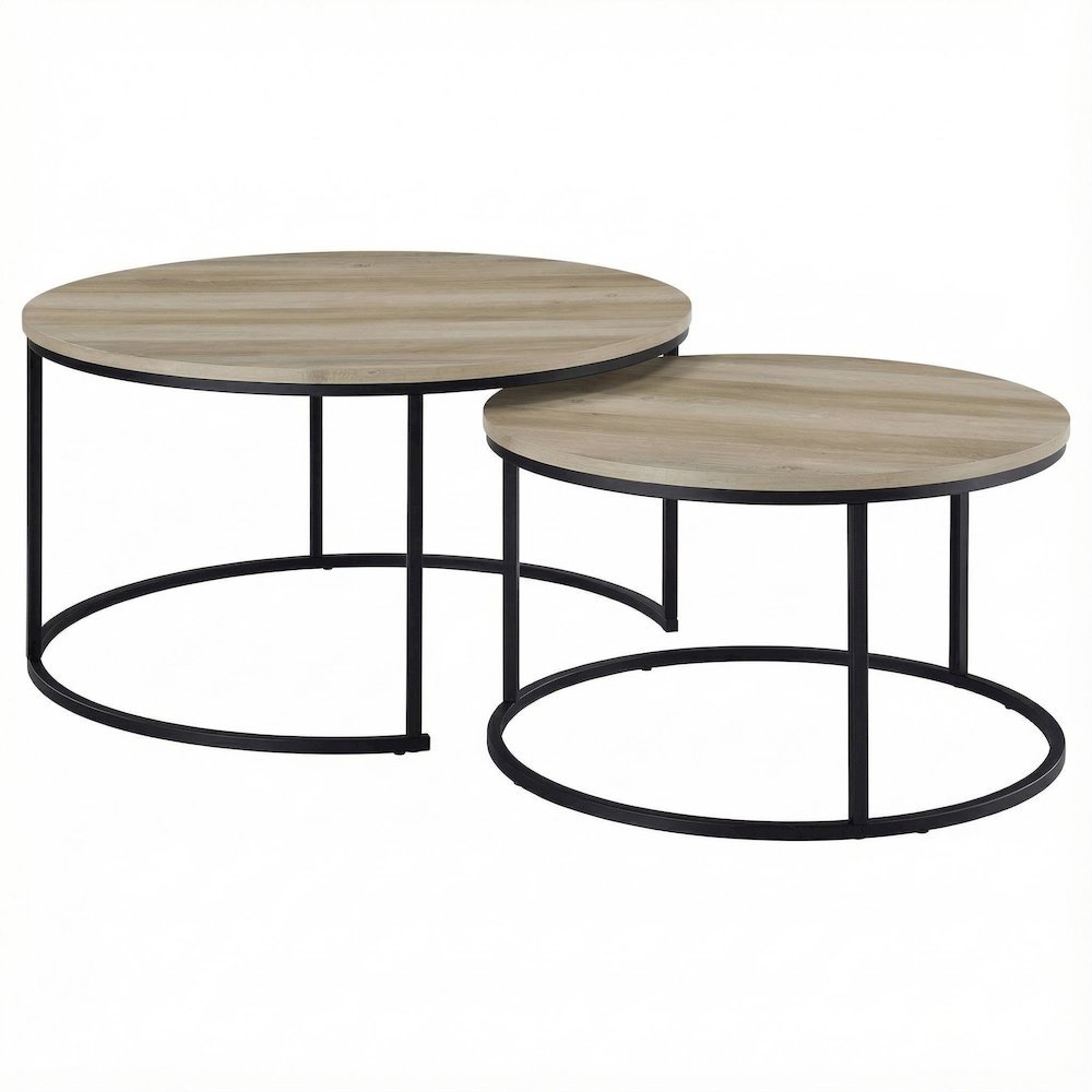 Round Rustic 2-Piece Nesting Coffee Table Set with Plastic Glide and Full Shelf