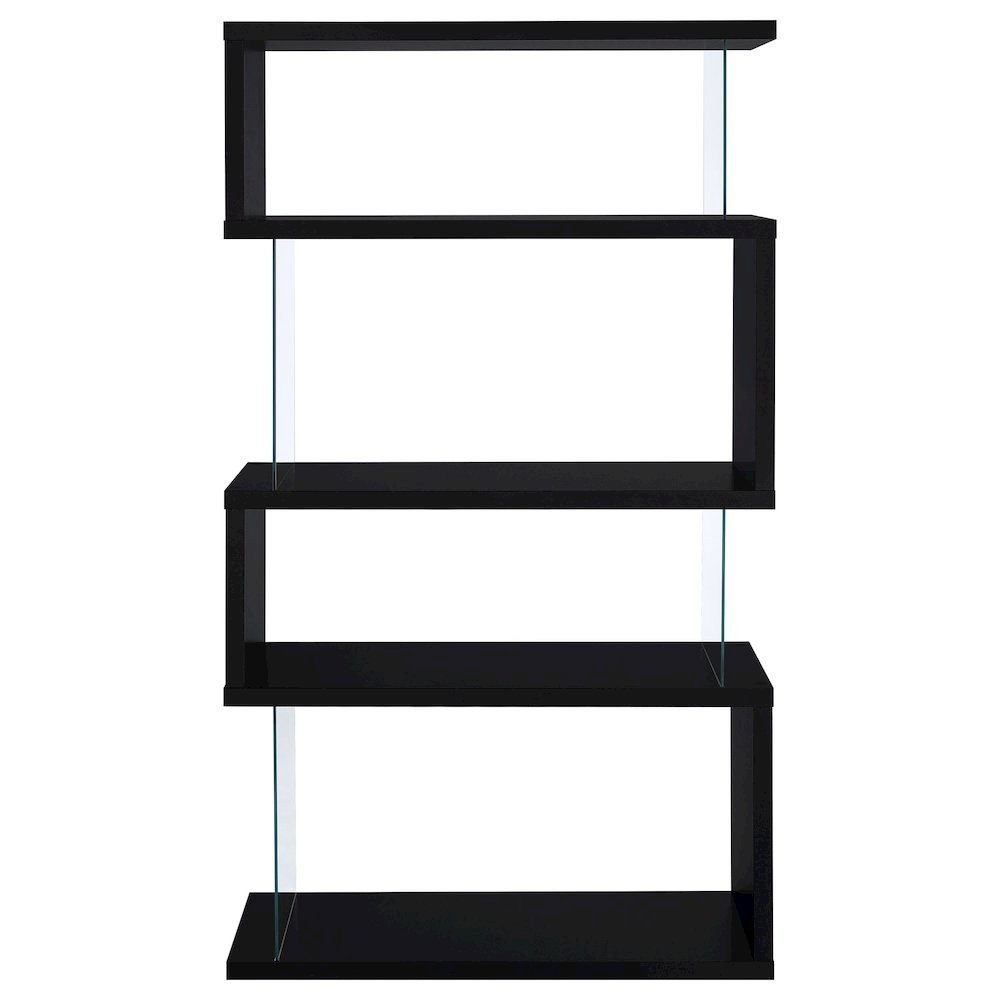 Modern 4-Shelf Bookshelf 63-Inch, Glass Panels, Black Finish