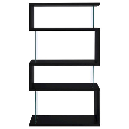 Modern 4-Shelf Bookshelf 63-Inch, Glass Panels, Black Finish
