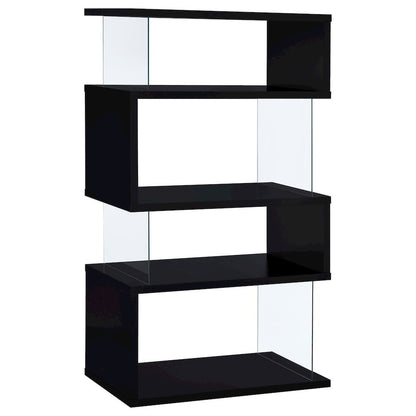 Modern 4-Shelf Bookshelf 63-Inch, Glass Panels, Black Finish