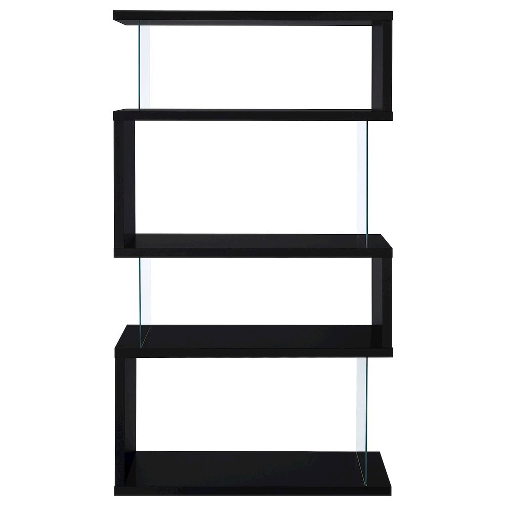 Modern 4-Shelf Bookshelf 63-Inch, Glass Panels, Black Finish