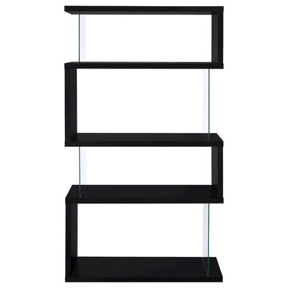 Modern 4-Shelf Bookshelf 63-Inch, Glass Panels, Black Finish