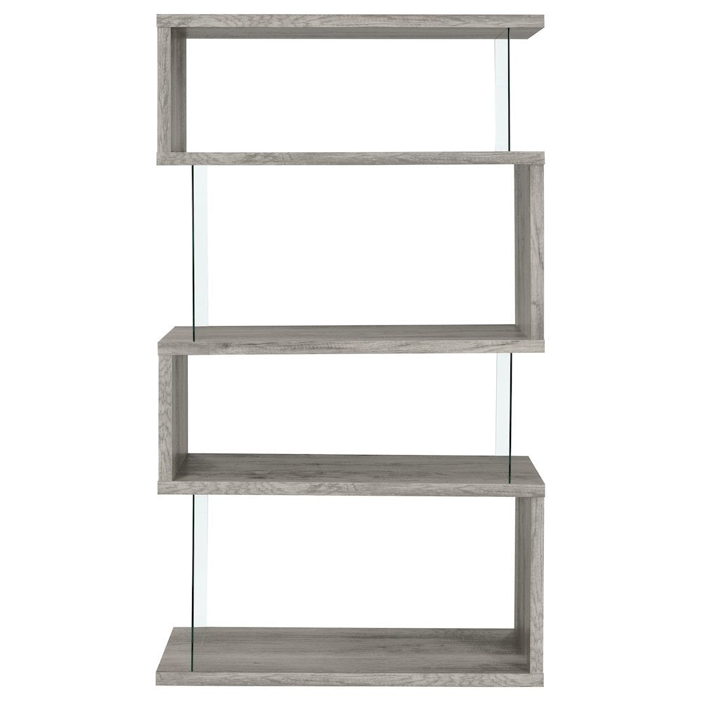Gray Modern Geometric 4 Tier Bookshelf with Glass Panel Shelves
