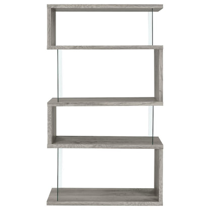 Gray Modern Geometric 4 Tier Bookshelf with Glass Panel Shelves