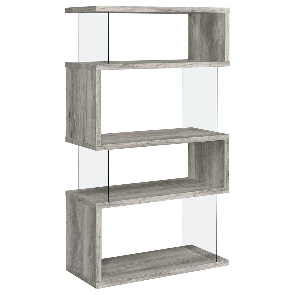 Gray Modern Geometric 4 Tier Bookshelf with Glass Panel Shelves
