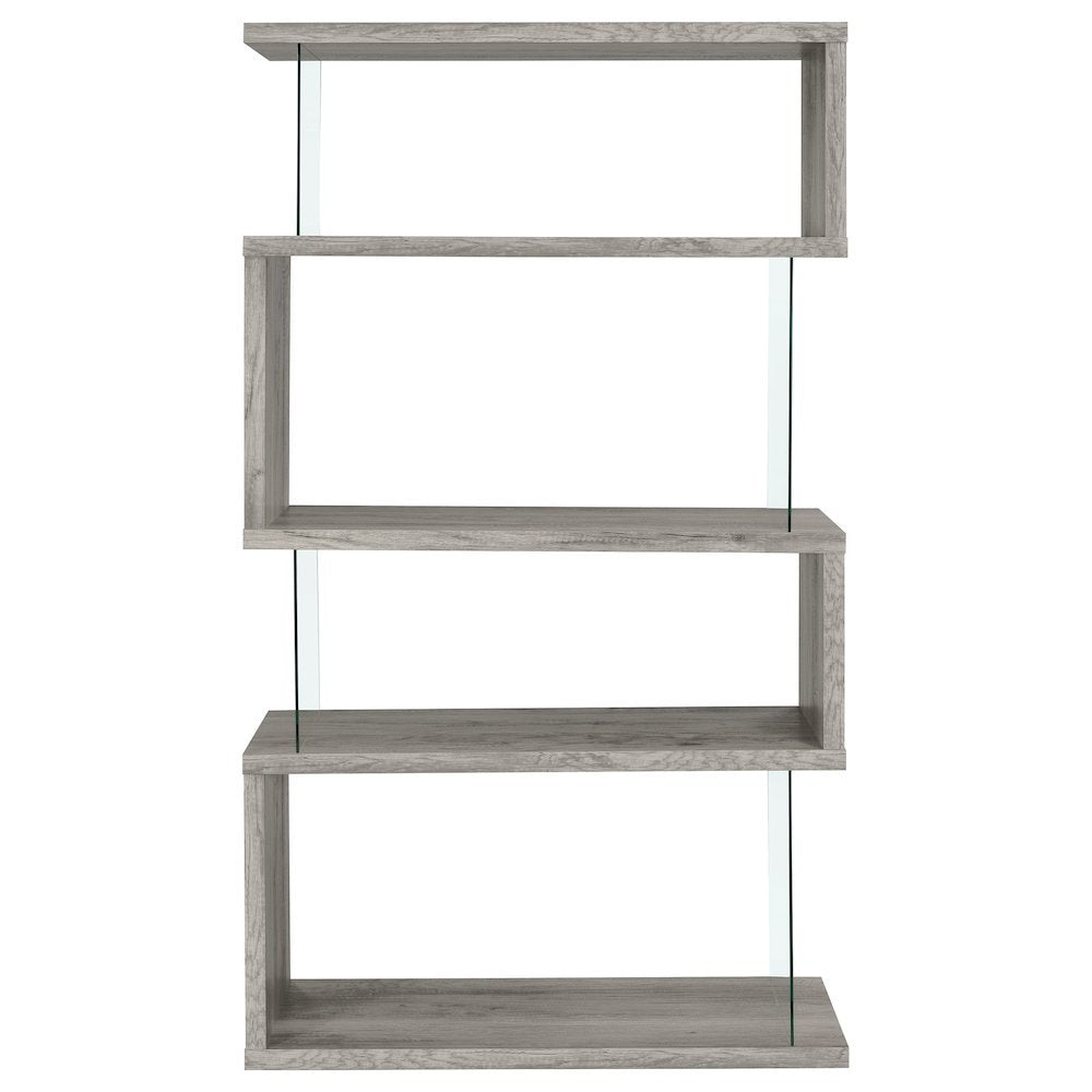 Gray Modern Geometric 4 Tier Bookshelf with Glass Panel Shelves