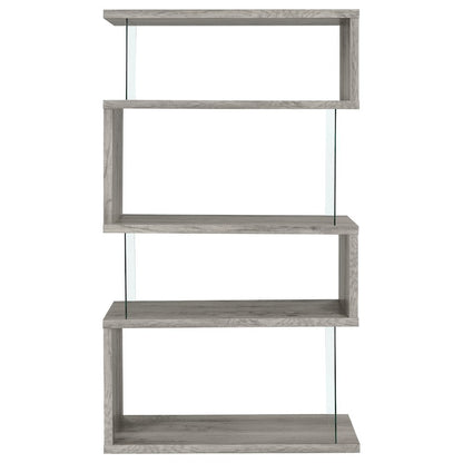 Gray Modern Geometric 4 Tier Bookshelf with Glass Panel Shelves