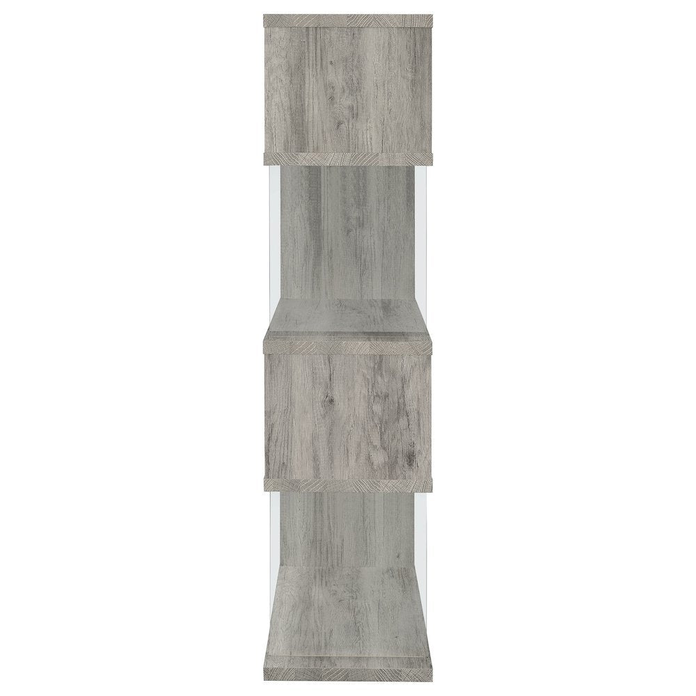 Gray Modern Geometric 4 Tier Bookshelf with Glass Panel Shelves