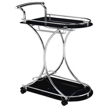 Contemporary Bar Cart, Black Glass, Chrome Metal, Wine & Stemware Storage