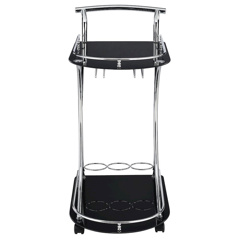 Contemporary Bar Cart, Black Glass, Chrome Metal, Wine & Stemware Storage
