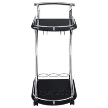 Contemporary Bar Cart, Black Glass, Chrome Metal, Wine & Stemware Storage