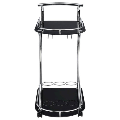 Contemporary Bar Cart, Black Glass, Chrome Metal, Wine & Stemware Storage