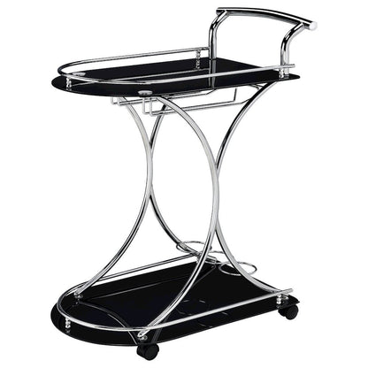 Contemporary Bar Cart, Black Glass, Chrome Metal, Wine & Stemware Storage