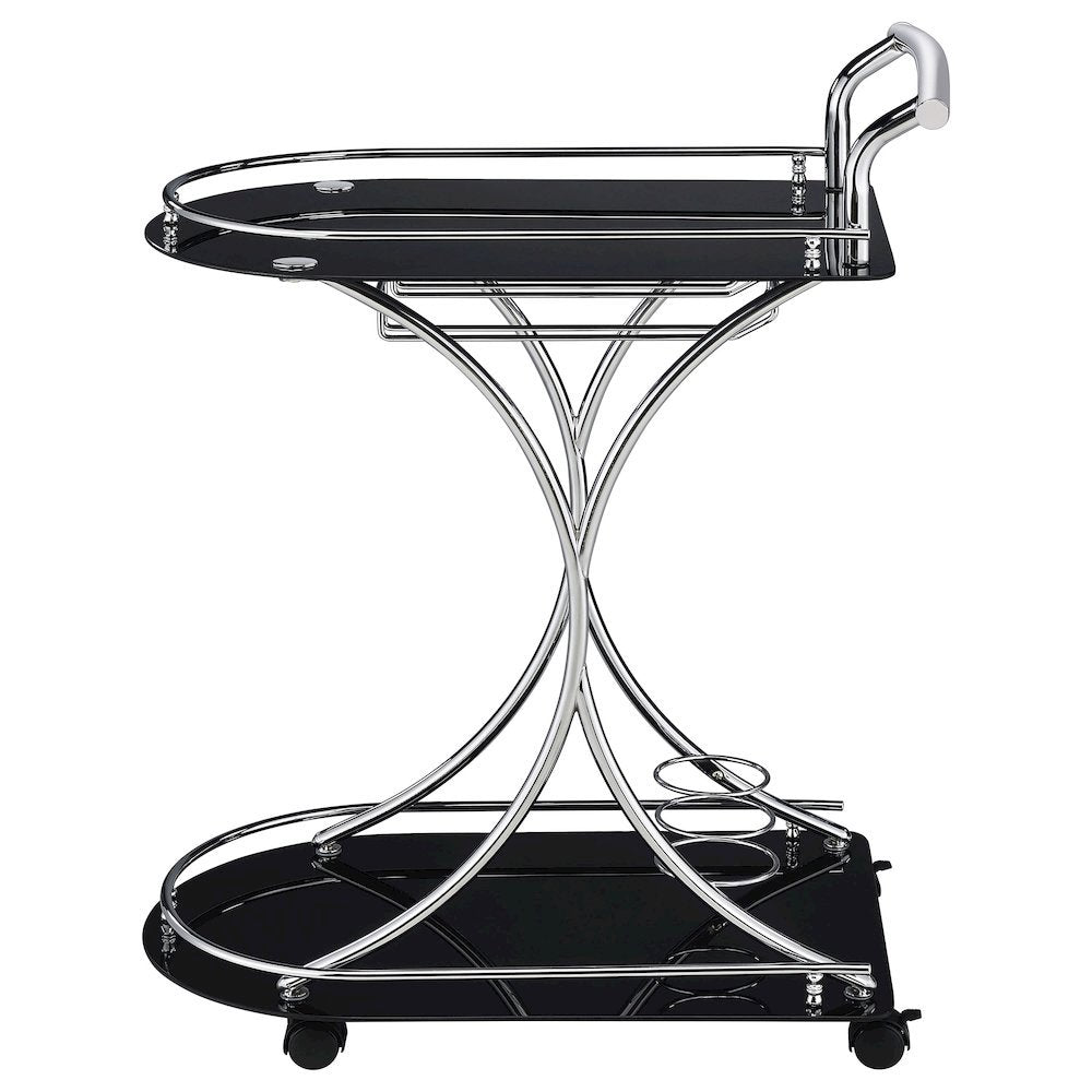Contemporary Bar Cart, Black Glass, Chrome Metal, Wine & Stemware Storage