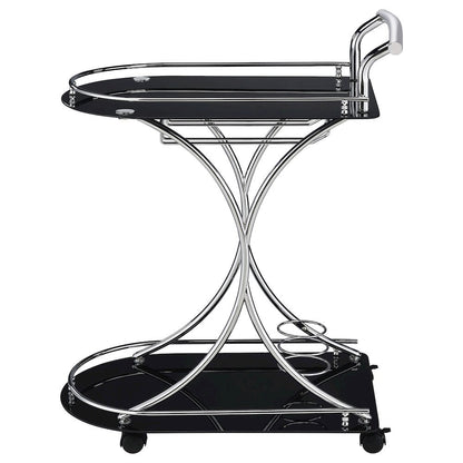Contemporary Bar Cart, Black Glass, Chrome Metal, Wine & Stemware Storage