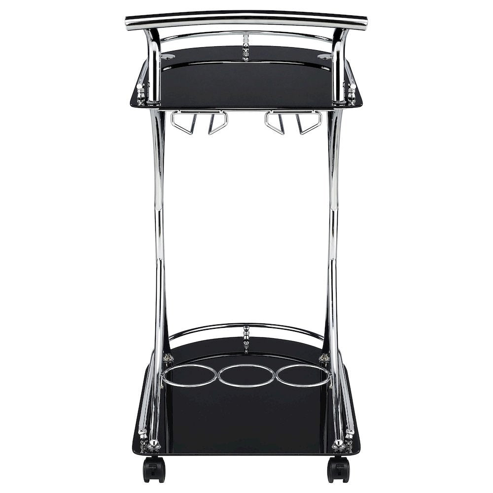 Contemporary Bar Cart, Black Glass, Chrome Metal, Wine & Stemware Storage