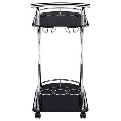 Contemporary Bar Cart, Black Glass, Chrome Metal, Wine & Stemware Storage