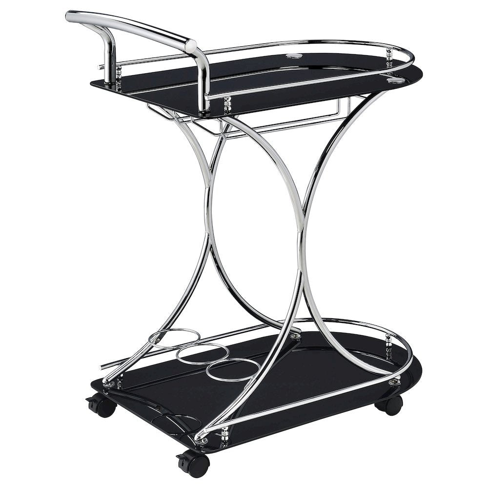 Contemporary Bar Cart, Black Glass, Chrome Metal, Wine & Stemware Storage