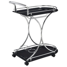 Contemporary Bar Cart, Black Glass, Chrome Metal, Wine & Stemware Storage