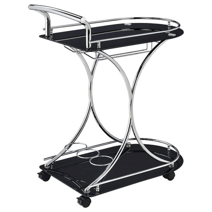 Contemporary Bar Cart, Black Glass, Chrome Metal, Wine & Stemware Storage