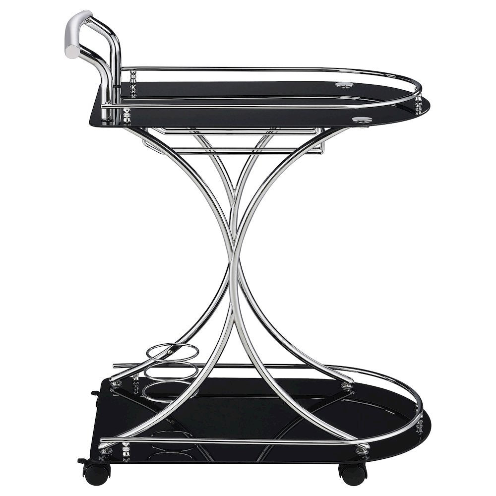 Contemporary Bar Cart, Black Glass, Chrome Metal, Wine & Stemware Storage