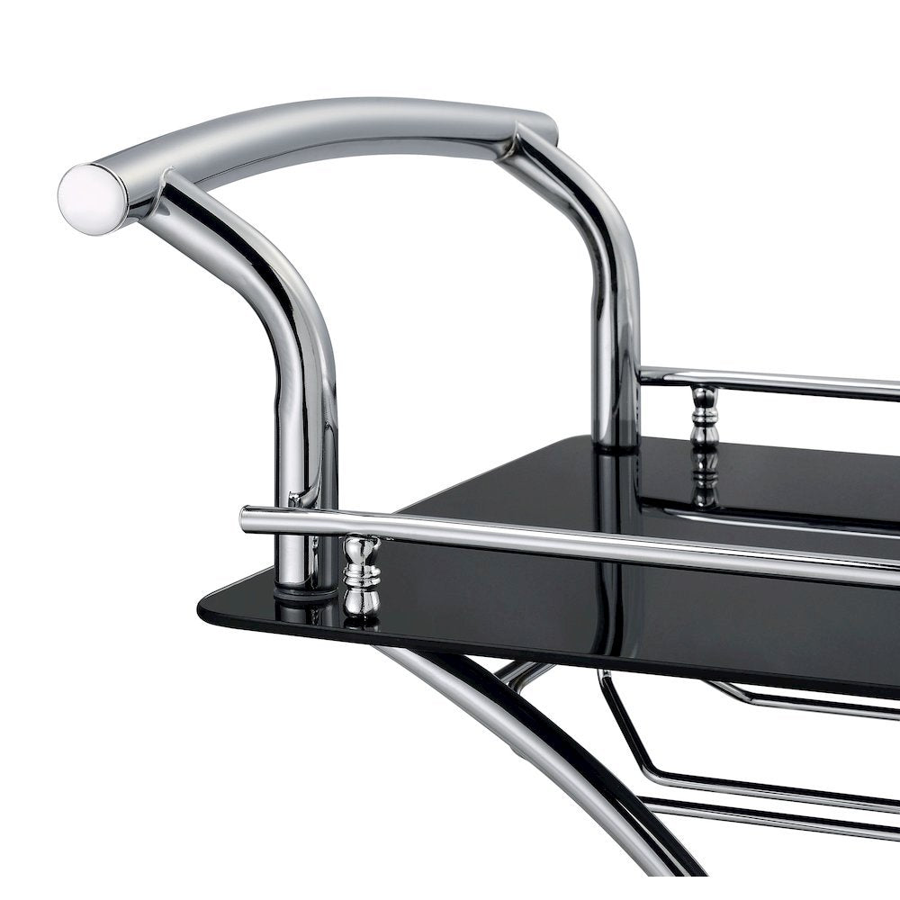 Contemporary Bar Cart, Black Glass, Chrome Metal, Wine & Stemware Storage