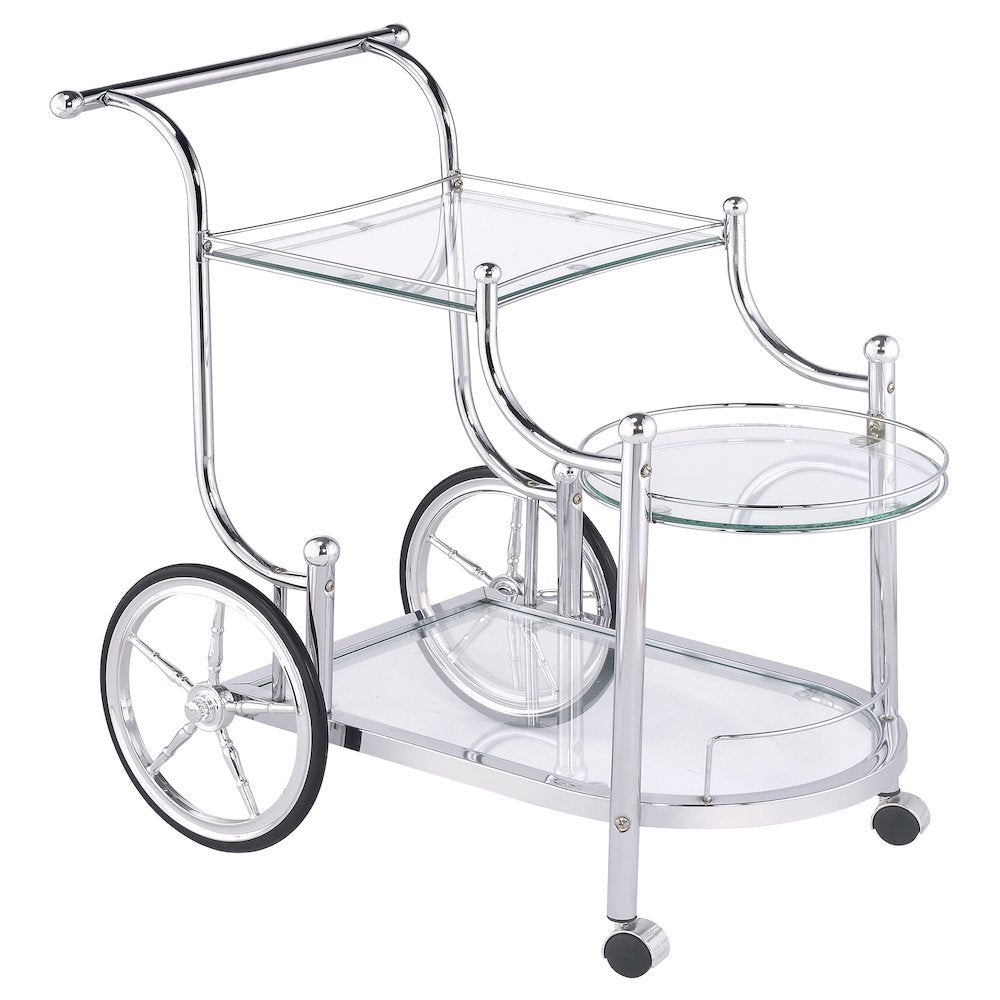 Carriage Style Bar Cart, Chrome, 3 Tiers, Clear Glass, Spoke Wheels