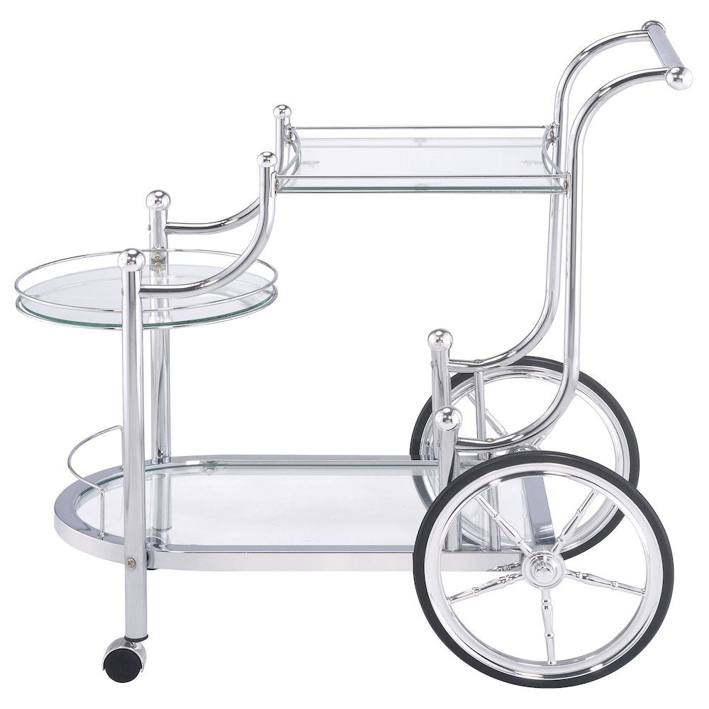 Carriage Style Bar Cart, Chrome, 3 Tiers, Clear Glass, Spoke Wheels
